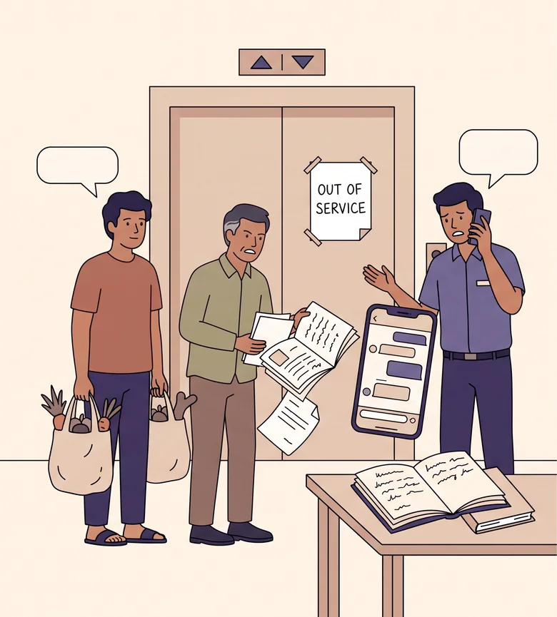 Illustration: an apartment lobby. A hand-lettered OUT OF SERVICE sign is taped to the lift doors. A resident stands waiting with two bags of groceries, a man in an olive shirt holds a sheaf of loose papers, and a member of staff is on the phone with a hand raised. Beside them float a large phone screen of chat messages and an open paper logbook on a table.
