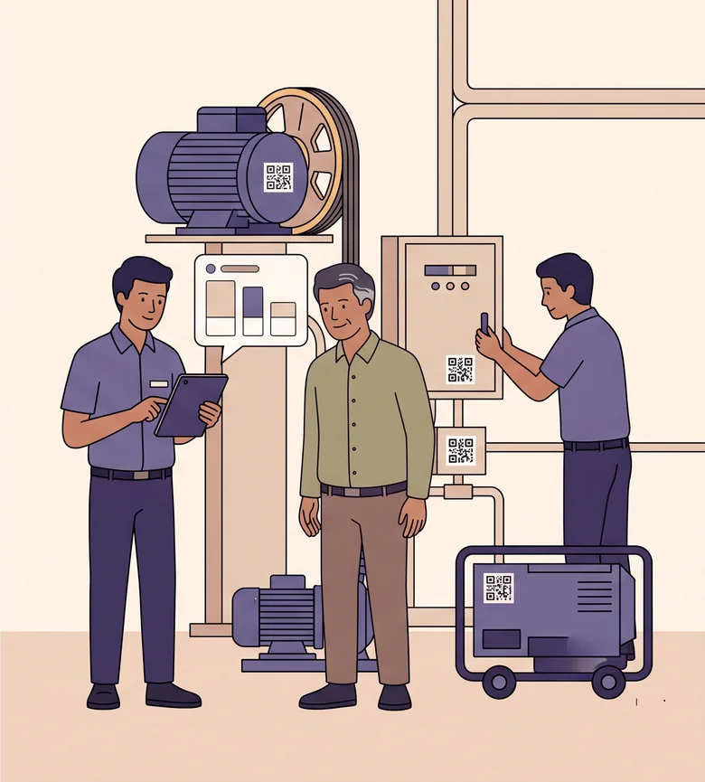 Illustration: a building machine room. The same man in the olive shirt stands beside a member of staff holding a tablet, among a lift motor and sheave, a pump, a wall-mounted control panel and a wheeled generator. Each piece of equipment carries a small square QR-style label, and a second member of staff is holding a phone up to one of them.